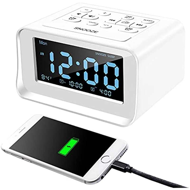 Wekkerradio met dubbele USB-oplader voor de slaapkamer, instelbaar alarmvolume en helderheid, kleine klok voor tieners/kinderen, 12/24-uurs weergave, snooze-functie, temperatuurweergave, batterijback-up, eenvoudig in te stellen (wit)