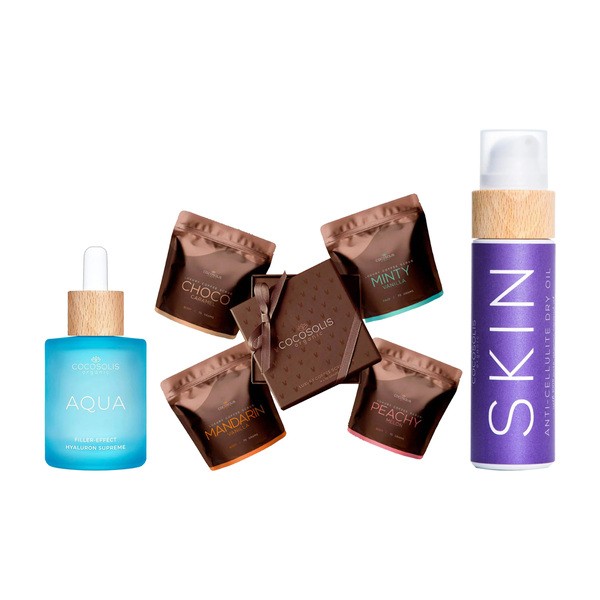 Zestaw Cocosolis, Aqua, serum do twarzy z kwasem hialuronowym, 50 ml + Luxury Coffee Scrub, zestaw 4 peelingów do ciała i twarzy, 4 x 70 g + Skin, suchy olejek antycellulitowy, 110 ml