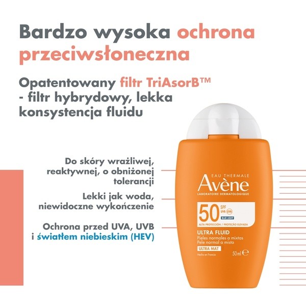 Avene Eau Thermale Ultra Fluid SPF50, wysoka ochrona przeciwsłoneczna niewidoczna na skórze, 50 ml