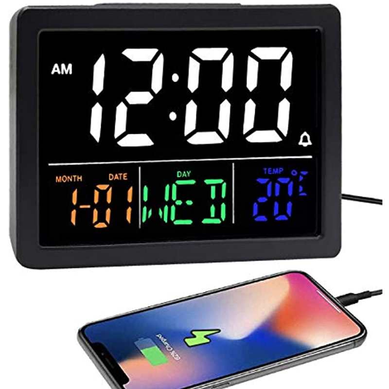 Wekker met groot 5,5 inch LED-tijdsdisplay, instelbaar alarmvolume, 6 helderheidsniveaus, alarminstellingen, USB-oplader, temperatuurdetectie, snooze-functie, geschikt voor slaapkamer, nachtkastje of bureau, zwart.