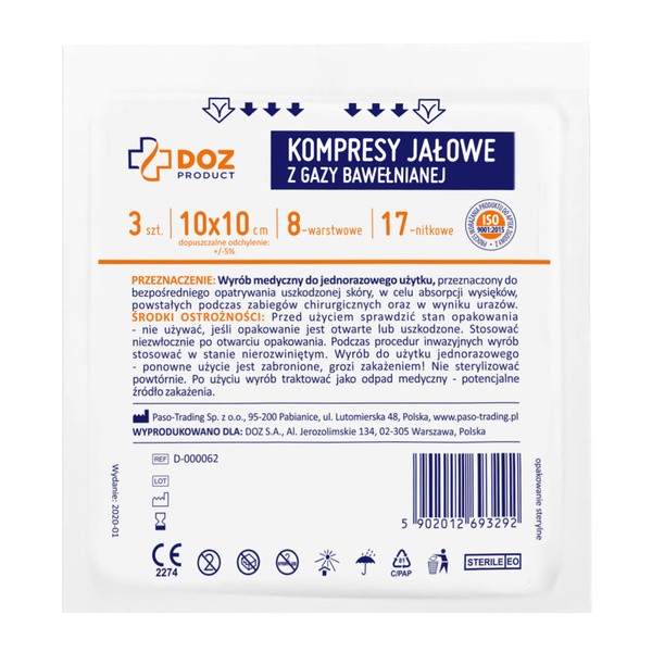 Zestaw 6x DOZ PRODUCT, kompresy jałowe z gazy bawełnianej, 17-nitkowe, 8-warstwowe, 10 cm x 10 cm, 3 szt.