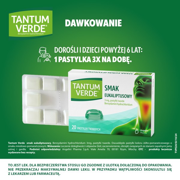 Tantum Verde smak eukaliptusowy, 3 mg, pastylki twarde, 20 szt.