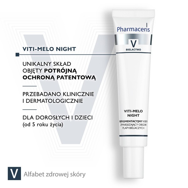 Pharmaceris V Viti-Melo Night, repigmentujący krem zmniejszający obszar plam bielaczych, do twarzy i ciała, 40 ml