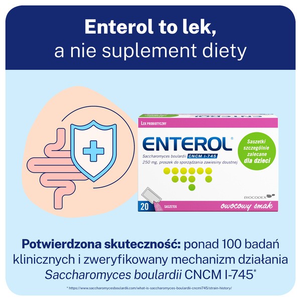 Enterol, 250 mg, proszek do sporządzania roztworu doustnego, 20 saszetek