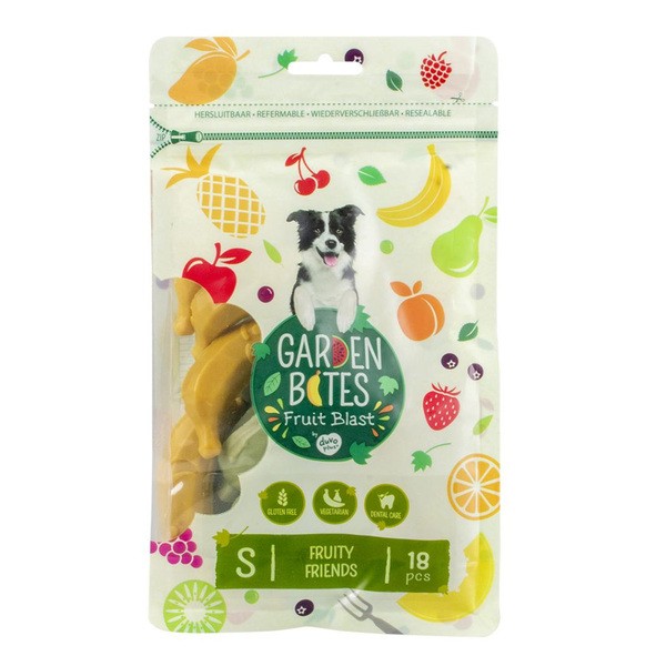 Garden Bites Fruit Blast, Fruity Friends, wegetariańskie przysmaki dentystyczne dla psów, S, 7 cm, 18 szt.