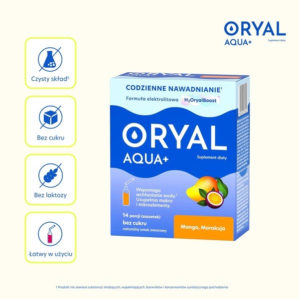 Oryal Aqua+, saszetki z proszkiem, smak mango-marakuja, 14 szt.