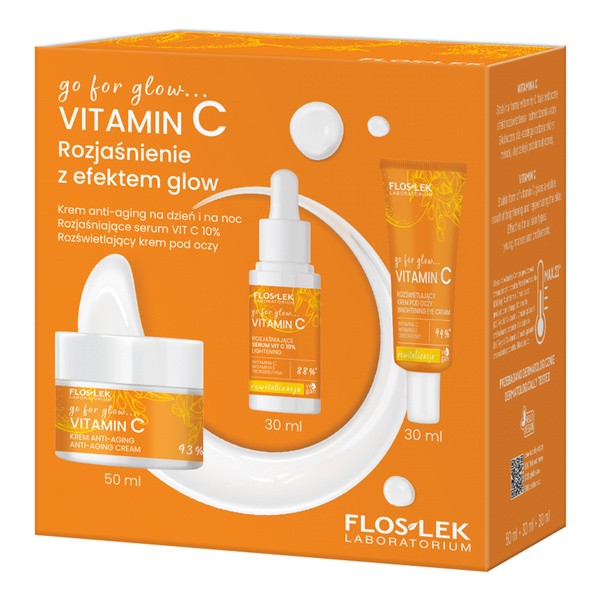 Flos-lek go for glow...vitamin C zestaw rozjaśnienie z efektem glow, krem anti-aging na dzień i na noc, 50 ml + rozjaśniające serum vit. C 10%, 30 ml + rozświetlający krem pod oczy, 30 ml