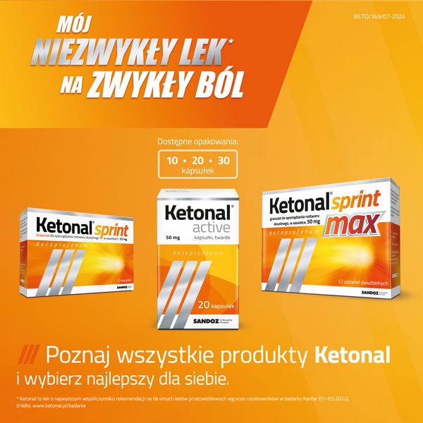 Ketonal Sprint Max, 50 mg, granulat do sporządzania roztworu doustnego, 12 saszetek
