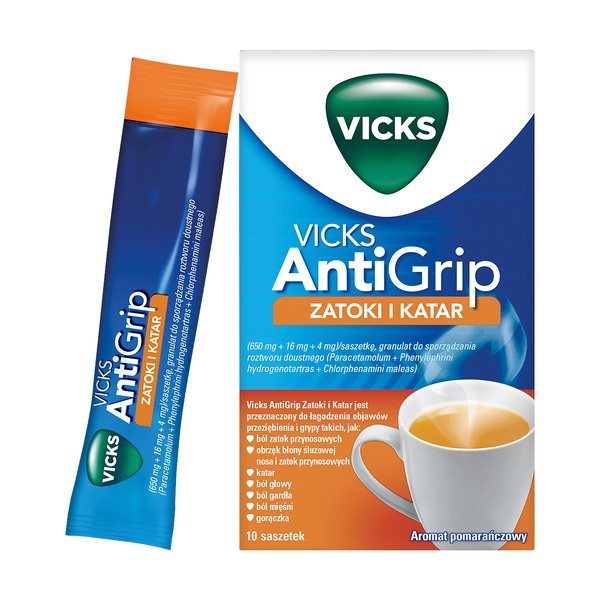Vicks Antigrip Zatoki i Katar, granulki do sporządzania roztworu doustnego, 10 saszetek