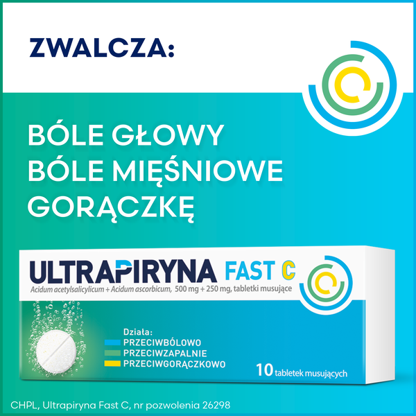 Ultrapiryna Fast C, 500 mg+250 mg, tabletki musujące, 10 szt.