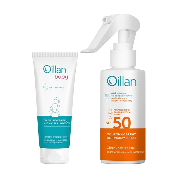 Zestaw Oillan, ochronny spray przeciwsłoneczny do twarzy i ciała SPF50 do skóry wrażliwej, 125 ml + żel do mycia ciała i włosów 3 w 1, 100 ml