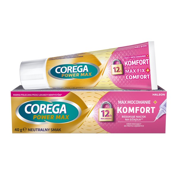Corega Power Max Mocowanie + Komfort, krem mocujący do protez zębowych, neutralny, 40 g