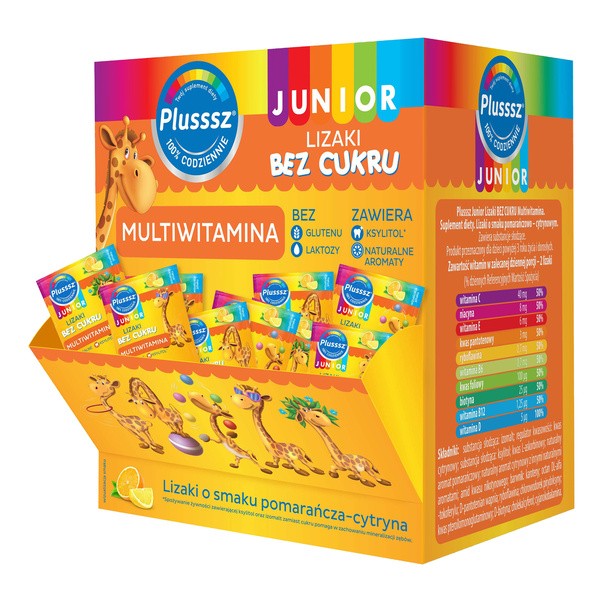 Plusssz Junior Multiwitamina, lizaki bez cukru, smak pomarańczowo-cytrynowy, 50 szt.