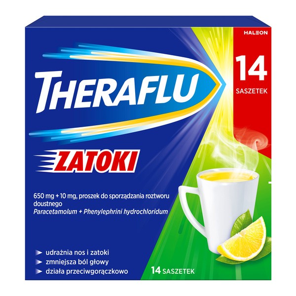 Theraflu Zatoki, 650 mg+10 mg, proszek do sporządzenia roztworu doustnego, 14 saszetek