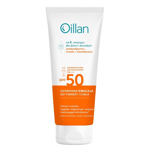 Oillan Sun, ochronna emulsja przeciwsłoneczna do twarzy i ciała SPF50 do skóry wrażliwej, 100 ml
