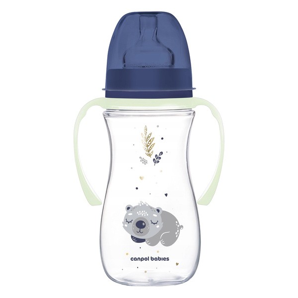 Canpol Babies Easy Start, Sleepy Koala, butelka szeroka antykolkowa ze świecącymi uchwytami, niebieska, 300 ml, 1 szt.