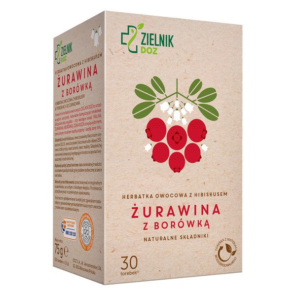 ZIELNIK DOZ Żurawina z borówką, herbatka owocowa z hibiskusem, 30 x 2,5 g