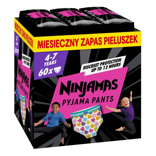 Pampers Ninjamas, pieluchomajtki dla dziewczynki, rozmiar 7 (4-7 lat), 60 szt.