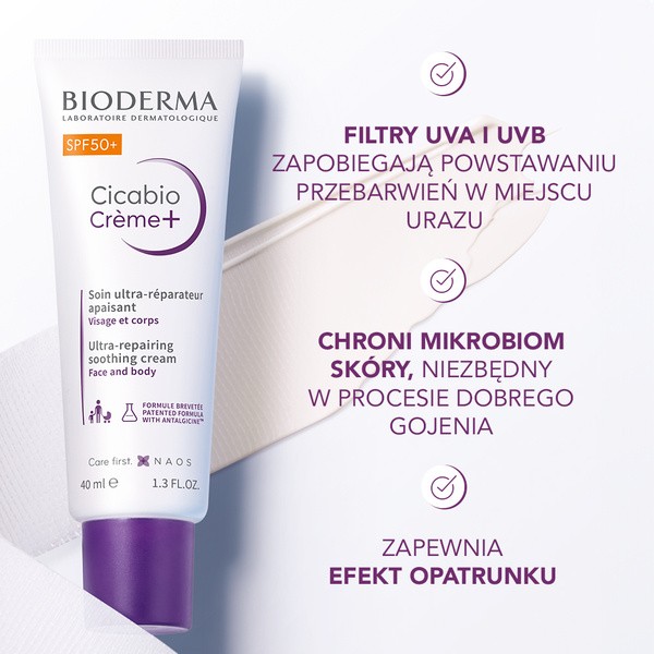 Bioderma Cicabio Creme+, krem łagodząco-odbudowujący SPF 50+, 40 ml