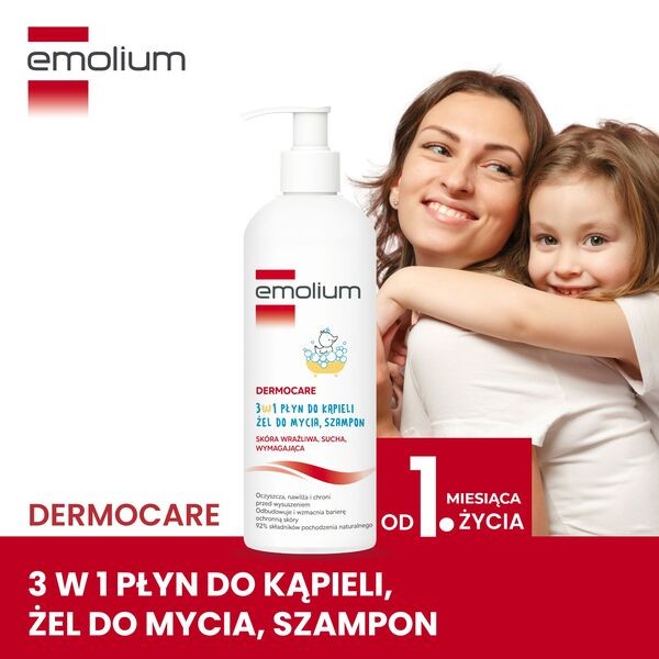 Emolium Dermocare, 3w1 płyn do kąpieli, żel do mycia, szampon, 400 ml