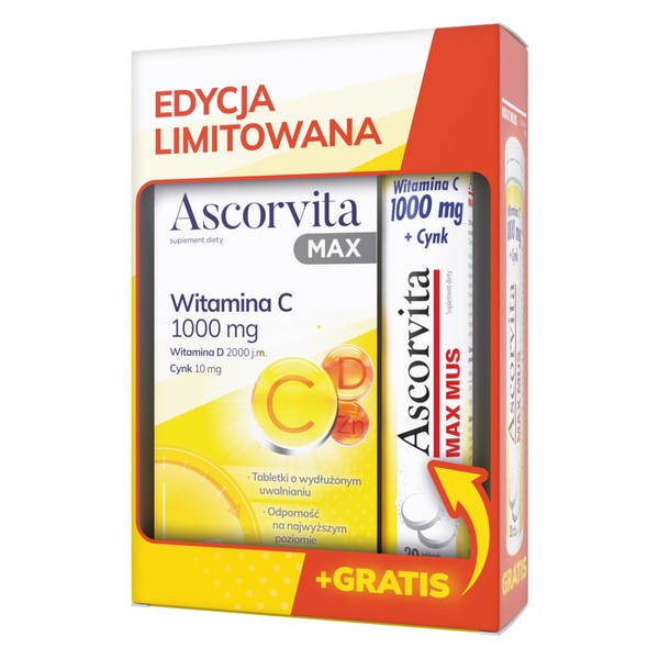 Zestaw Ascorvita Max, tabletki powlekane, 30 szt. + Ascorvita Max Mus, tabletki musujące, smak cytrynowy, 20 szt.