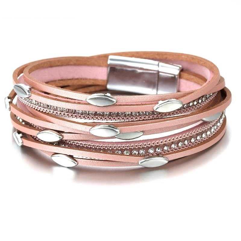 rozowe skorzane bransoletki dla kobiet 2020 moda lisc urok krysztal wielowarstwowe Boho Wrap bransoletka damska bizuteria