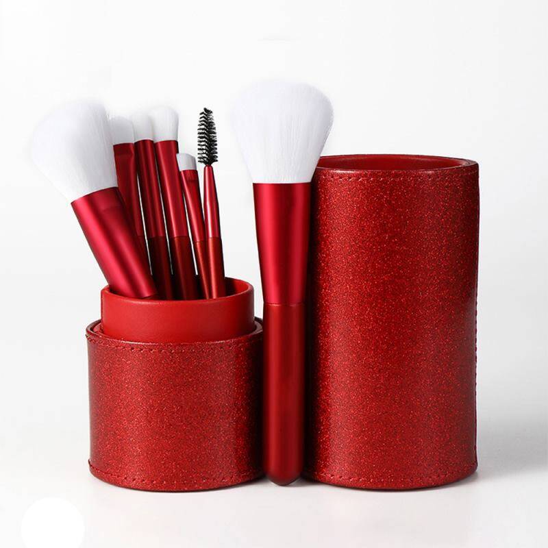 Conjunto de Pincéis de Maquiagem Vermelhos com Bolsa, Pincel para Sobrancelha, Base, Blush, Pó, Esfumado e Sombra, Kit de Ferramentas de Beleza para Maquiagem (7 peças)