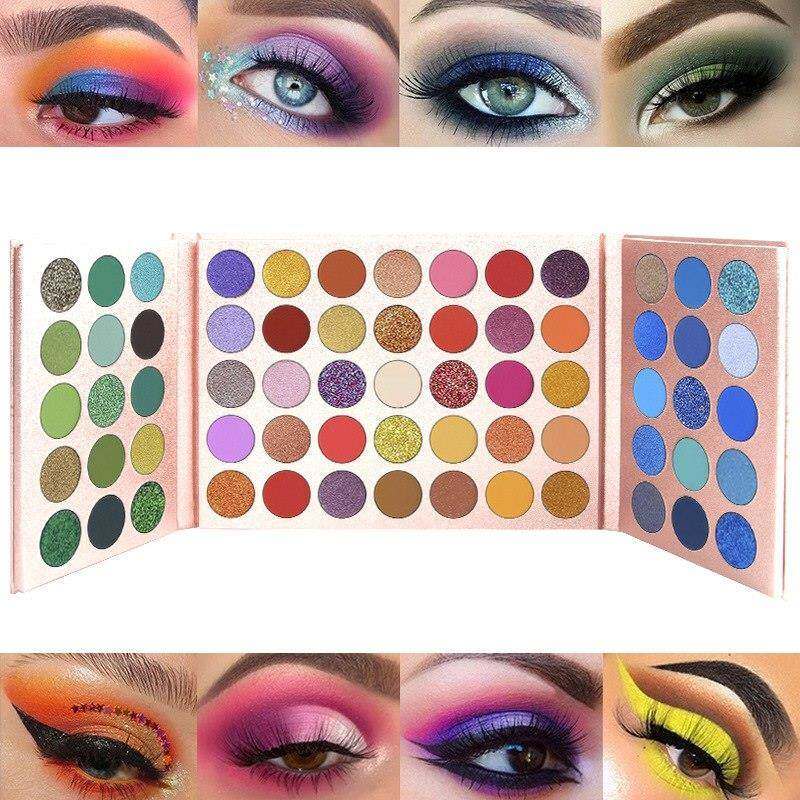 65 Kleuren Matte, Glanzende en Fluorescerende Oogschaduw – Pigmentrijk Palet met Shimmer en Glitter