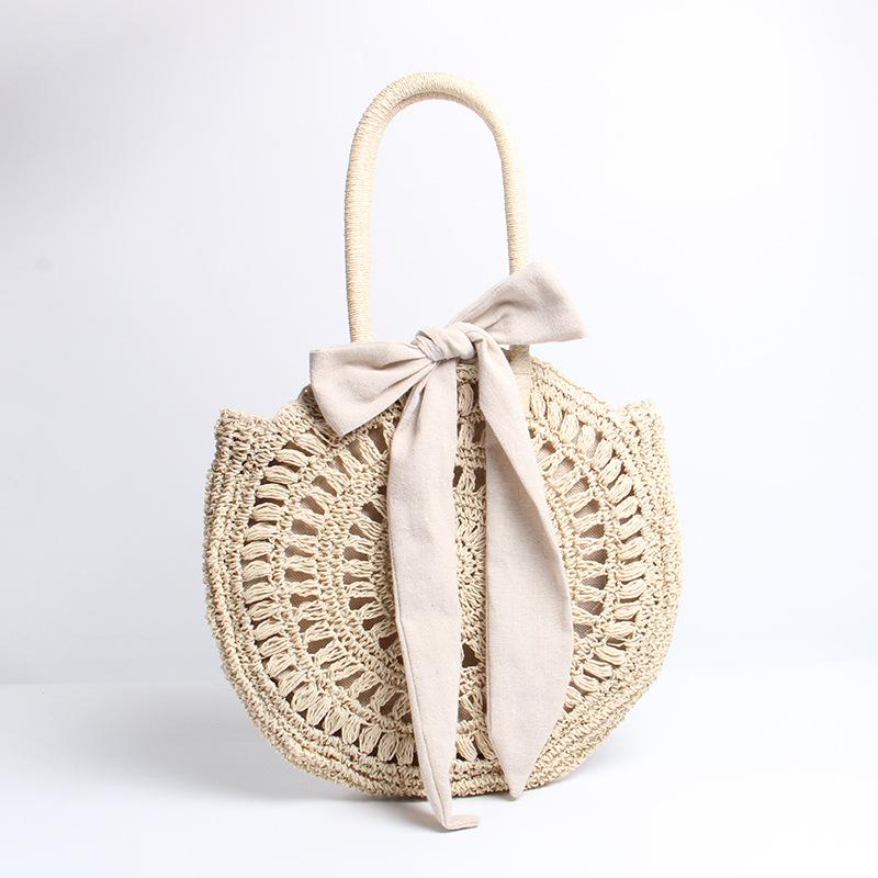 Enkel stråveske med båndsløyfe, vevd veske, japansk ny rund heklet strandveske, ferie skulderveske
