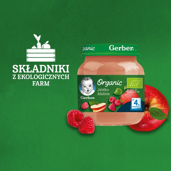 Gerber Organic, deser jabłko malina, 4 m+, 125 g