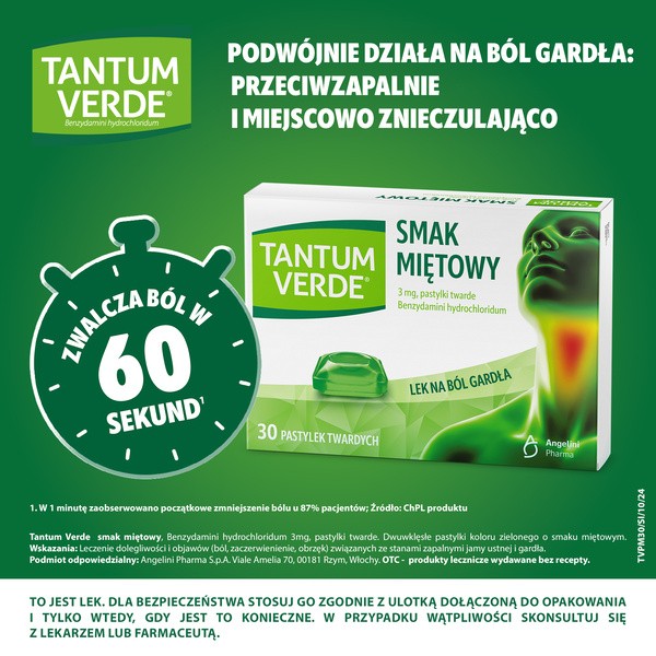 Tantum Verde smak miętowy, 3 mg, pastylki twarde, 30 szt.