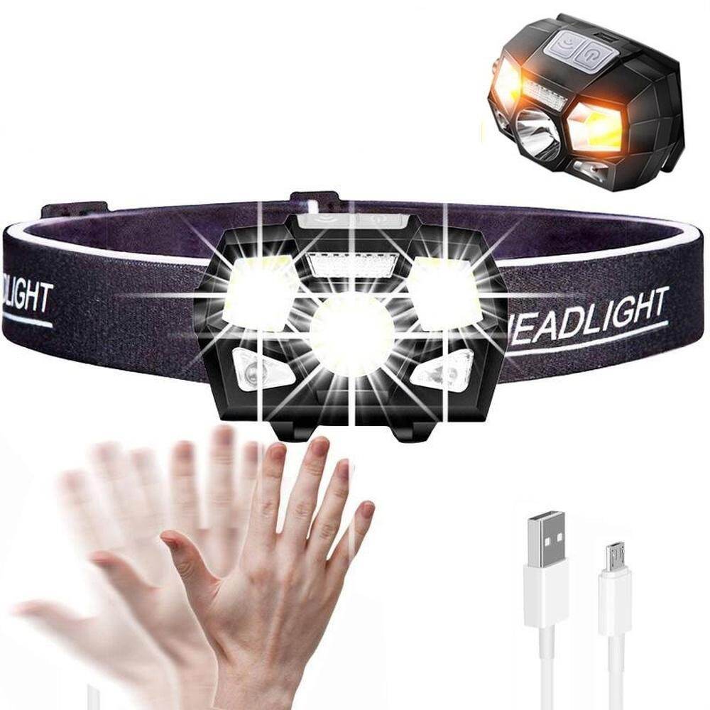 Lanterna de cabeça LED super brilhante e potente, recarregável via USB, com sensor de movimento corporal, ideal para camping. Possui 5 modos de iluminação e funciona como faixa de cabeça.