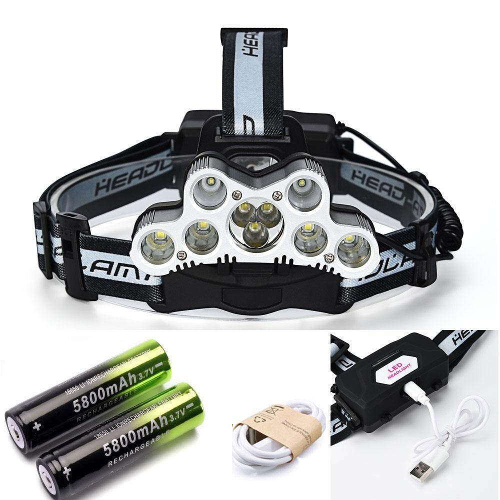 Lampe frontale rechargeable USB à 9 LED, puissante (20 000 lm), accus 18650, 7 LED XML T6+2Q5, idéale pour le camping.