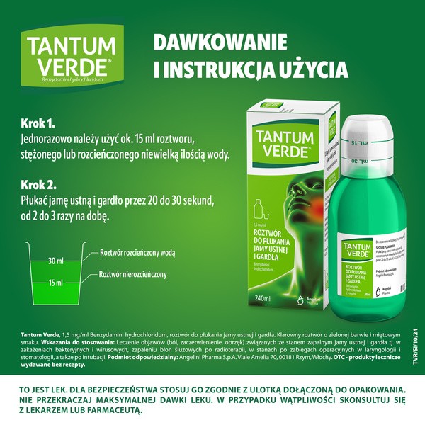 Tantum Verde, 0,15%, roztwór do płukania jamy ustnej i gardła, 240 ml
