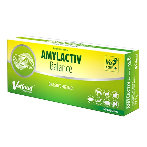 Vetfood Amylactiv Balance, preparat enzymatyczny dla psów, kotów, fretek, królików i gryzoni, kapsułki, 60 szt.