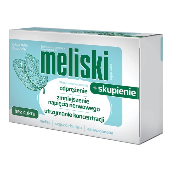 Meliski + skupienie, pastylki do ssania, smak cytrynowo - ziołowy, 20 szt.