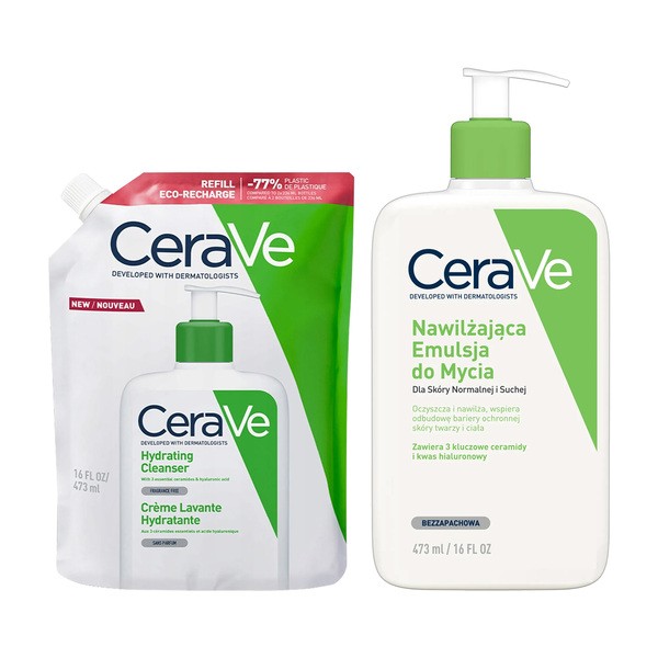 Zestaw CeraVe, nawilżająca emulsja dla skóry normalnej i suchej, 473 ml + opakowanie uzupełniające, refill, 473 ml