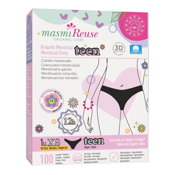 Masmi Reuse, Matki menstruacyjne ekologiczne dla nastolatek 100% bawełna BIO, rozmiar XS