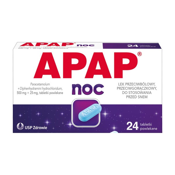 Apap Noc, 500 mg + 25 mg, tabletki powlekane, 24 szt.