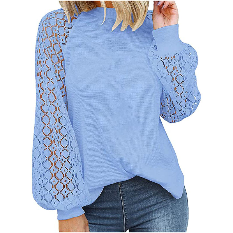 Śliczne koszule damskie z rękawami typu latarnia, ażurowy sweter, dzianinowy sweter waflowy, bluzka z koronkowymi przeszyciami, jesienne ubrania