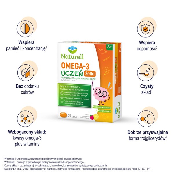 Naturell Omega 3 Uczeń, żelki, smak cytrusowo-truskawkowy, 27 szt.