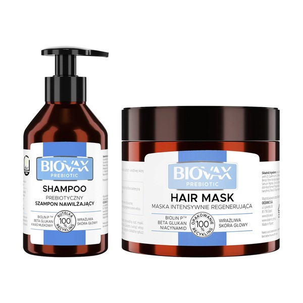 Zestaw Biovax Prebiotic, szampon nawilżający, 200 ml + maska intensywnie regenerująca do włosów, 250 ml