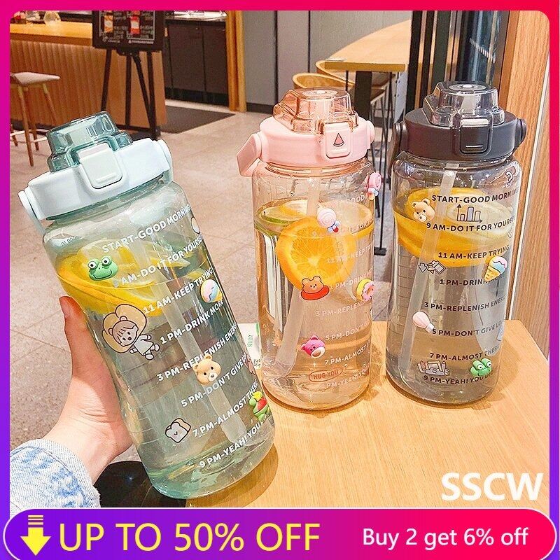 Urocza butelka na wodę o pojemności 2 litrów, duża butelka ze słomką i naklejkami, plastikowe kubki sportowe dla dzieci w wieku szkolnym, termos Gourdes
