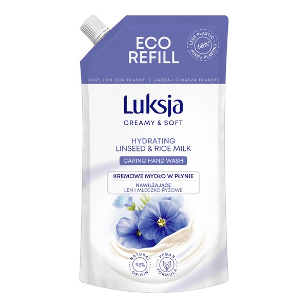 Luksja Creamy & Soft, nawilżające mydło w płynie, Len i Mleczko Ryżowe, refill, 400 ml