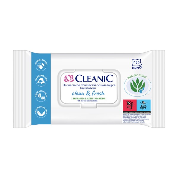 Cleanic Clean&Fresh, uniwersalne chusteczki odświeżające do rąk i ciała, 120 szt.