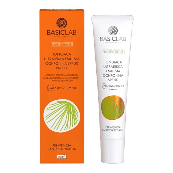 BasicLab Proteticus, tonująca ultralekka emulsja SPF 50 PPD 22,1 Prewencja i Antyoksydacja, 40 ml