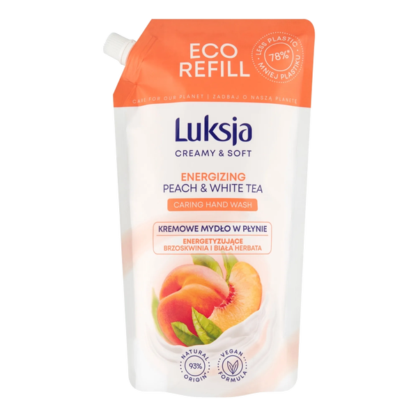 Luksja Creamy & Soft, energetyzujące mydło w płynie, Brzoskwinia i Biała Herbata, refill, 900 ml
