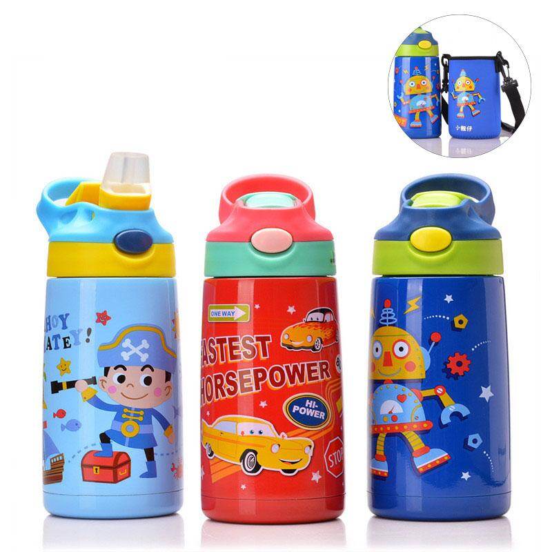 Borraccia termica per bambini da 400 ml con cannuccia, borraccia termica sottovuoto in acciaio inox 316, tazza termica da viaggio per bambini con tracolla