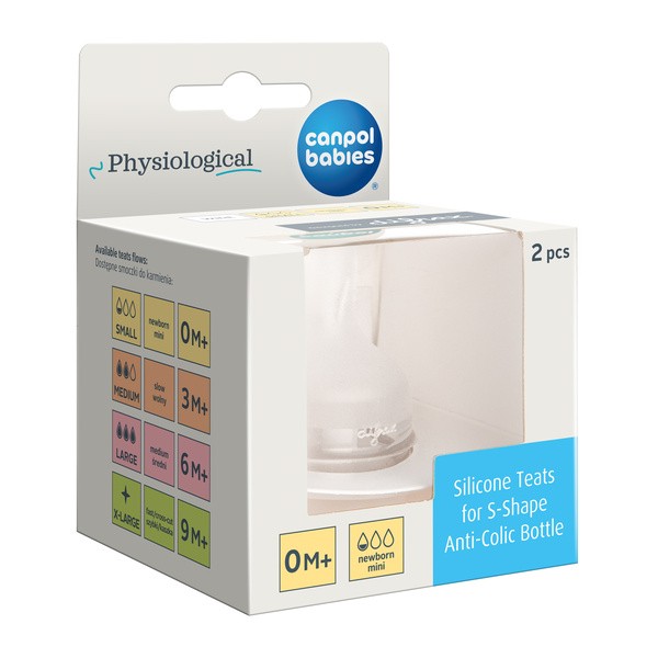 Canpol Babies, smoczek silikonowy do butelki S-Shape S (mini), 0 m+, 2 szt.