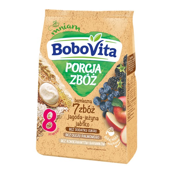 BoboVita, Porcja Zbóż, kaszka bezmleczna 7 zbóż, jagoda, jeżyna, jabłko, 8 m+, 170 g